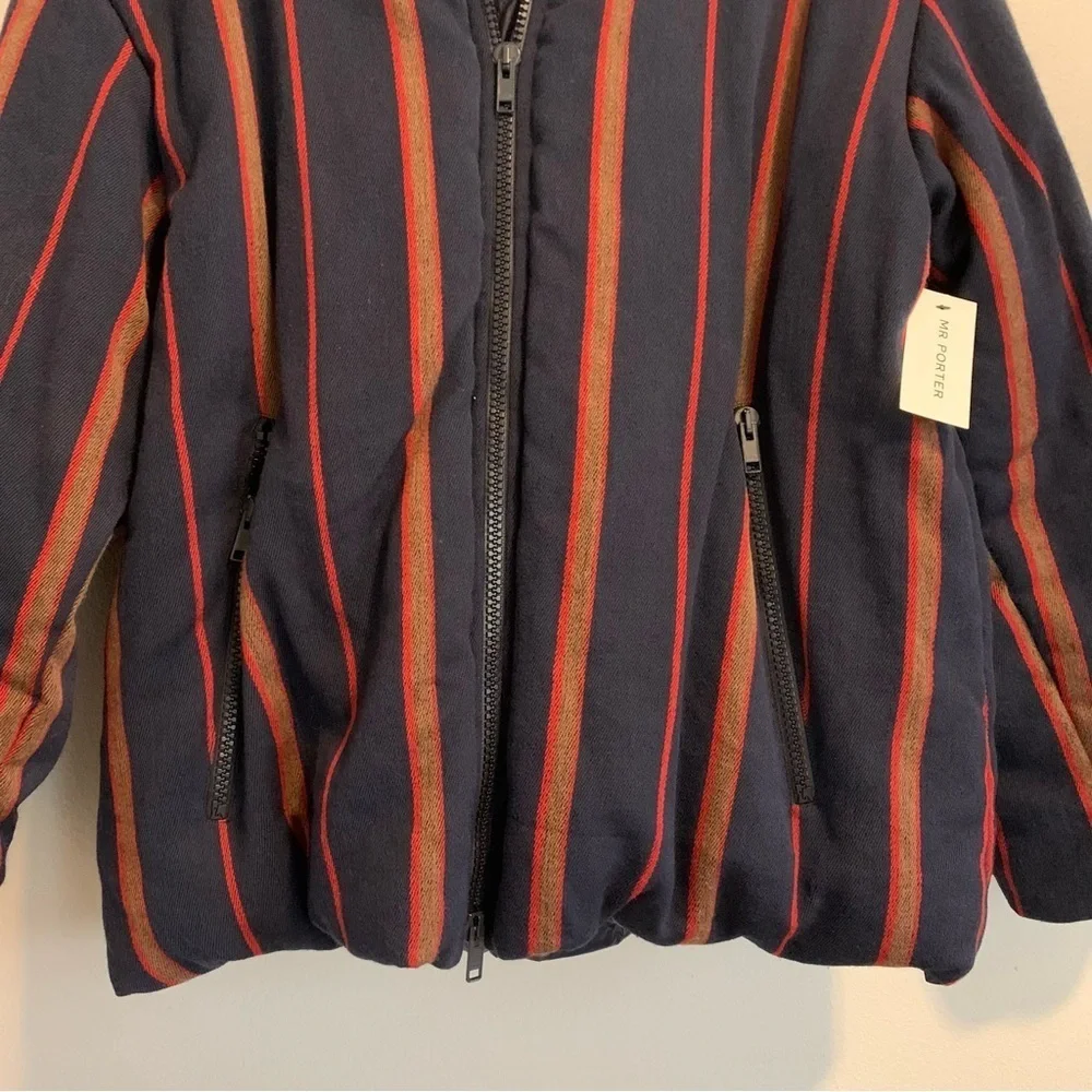 DRIES VAN NOTEN Down Reversible Puffer Jacket XL Cotton Linen Navy Stripes NWT